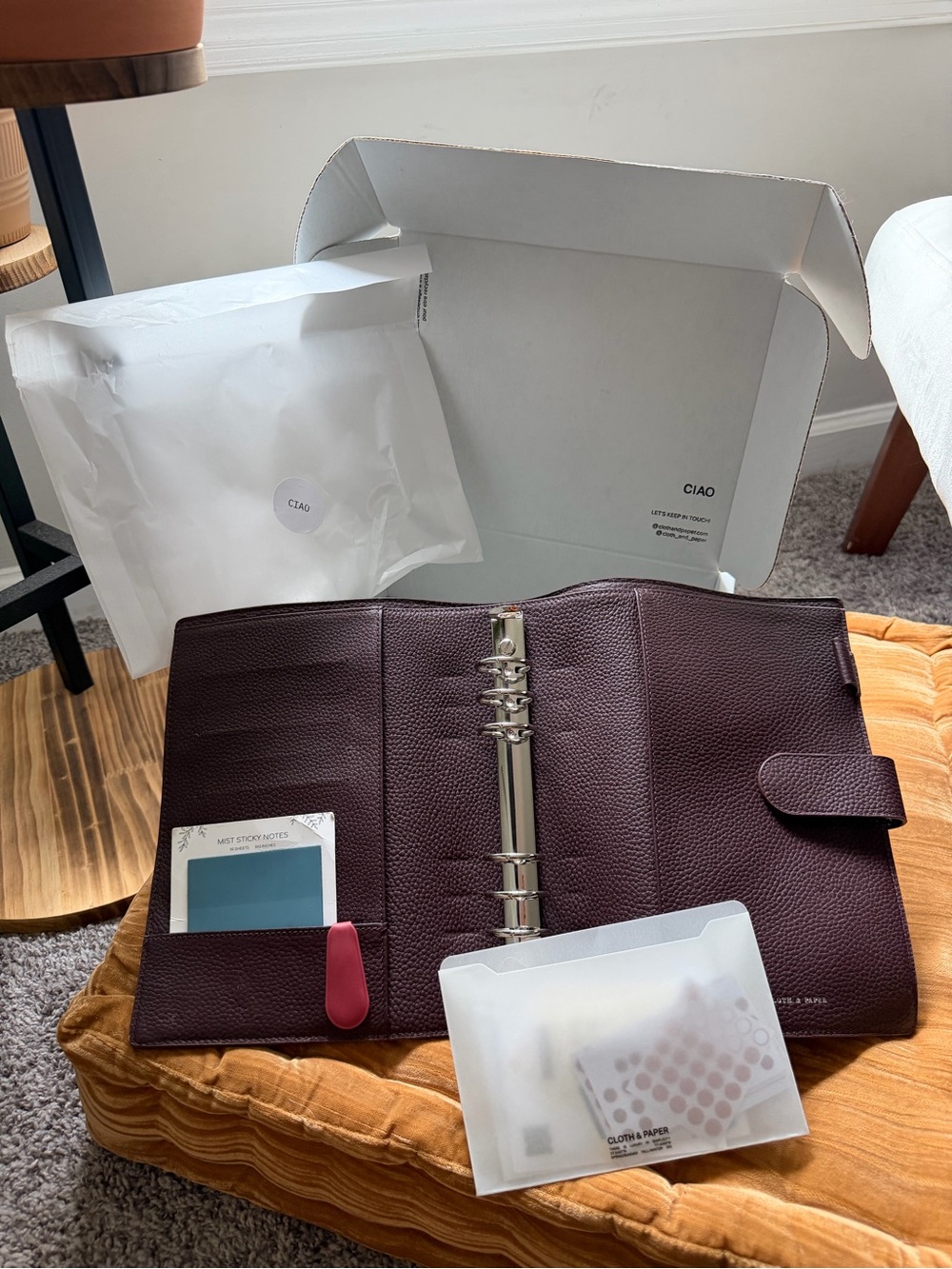 Cloth & Paper Pebbled Leather Ring Binder Organizer in Deep Plum